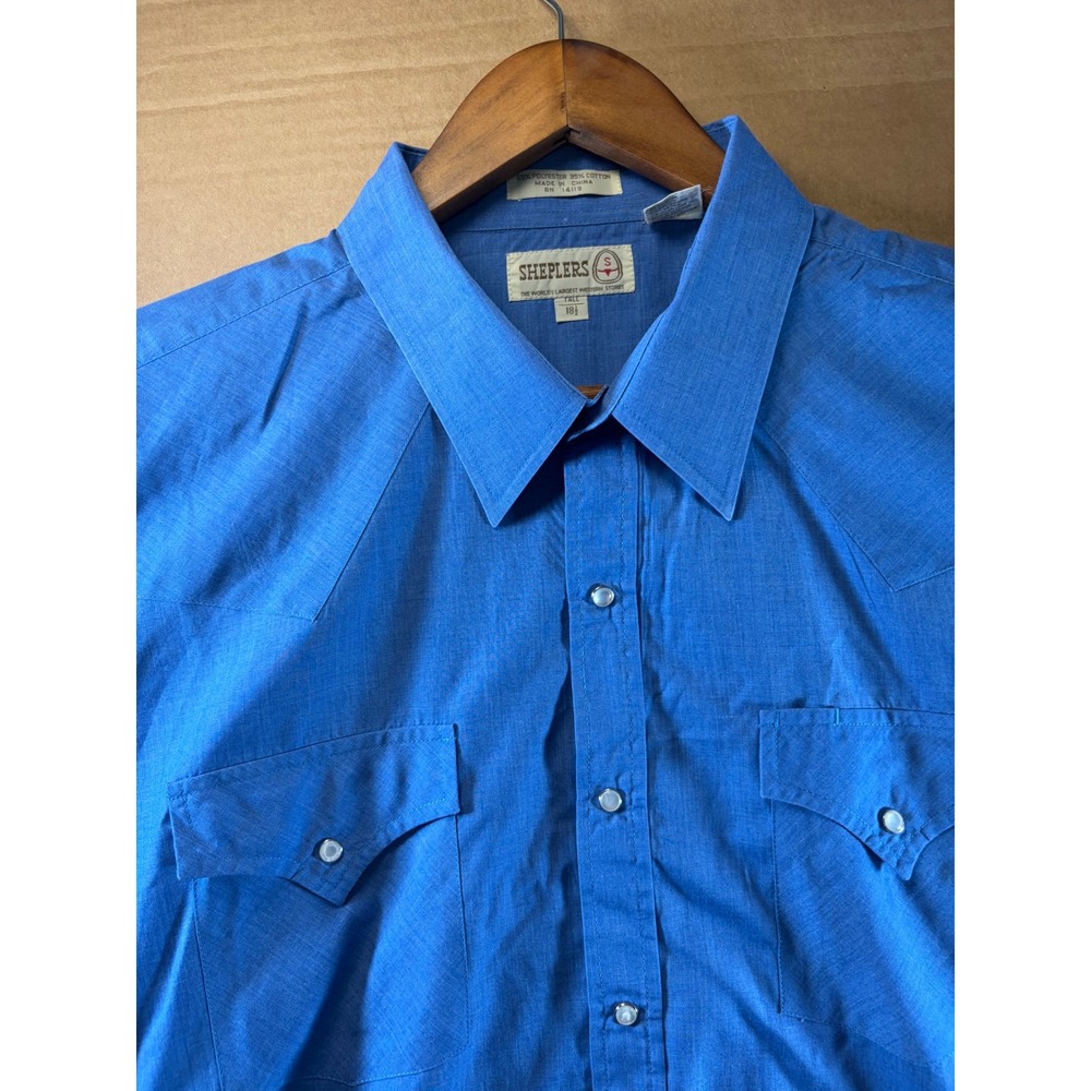 Sheplers Vintage Western Shirt Mens 18.5 Tall Blue Pearl Snap Short Sleeve
